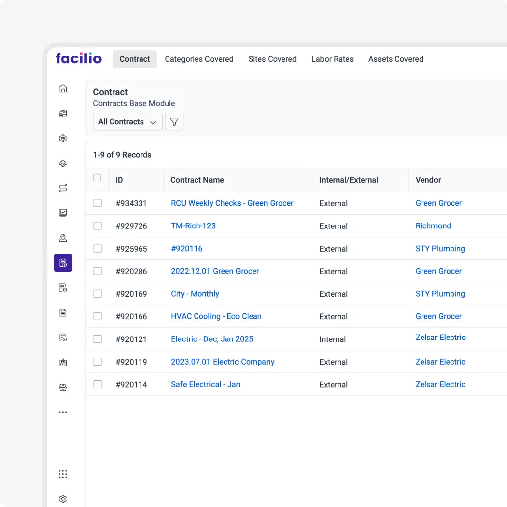 Facilio's contract management module showing vendor agreements and automated renewal tracking